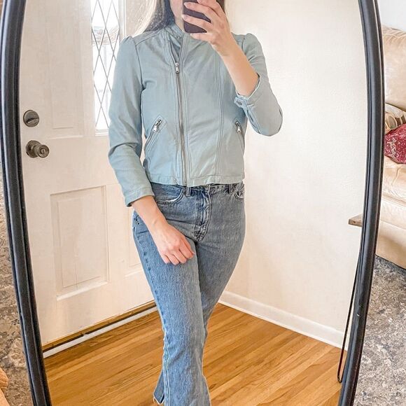 Rebecca Taylor Garment-Washed Leather Moto Jacket in Ocean Dusk - Picture 3 of 10